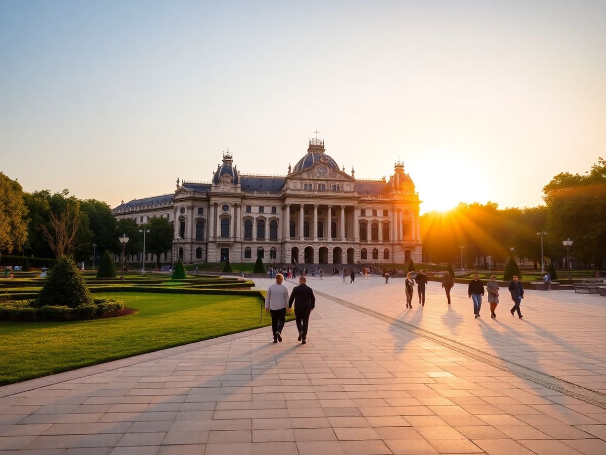 Palatul Culturii din Iași văzut la apus de soare.