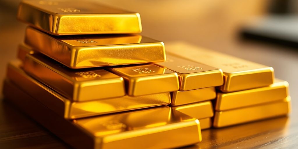 Barres d'or empilées sur une table en bois.