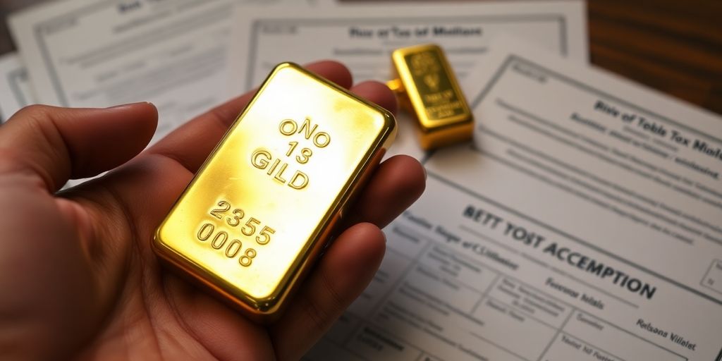 Une main tient une barre d'or près de documents.