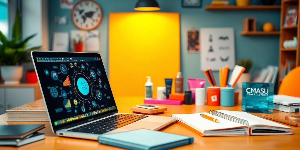 Modern workspace with AI tools and product samples.