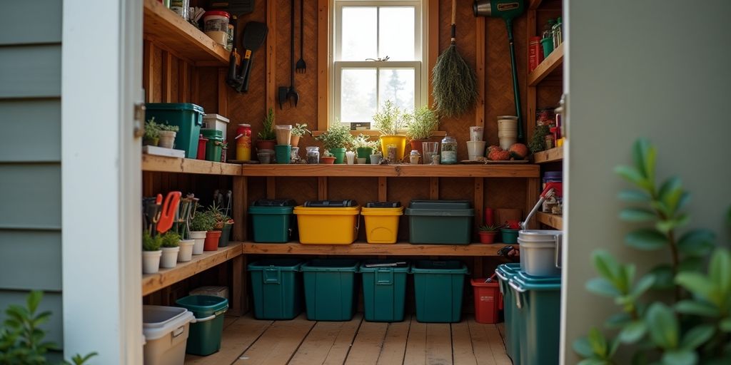Organized small storage shed with efficient vertical storage.