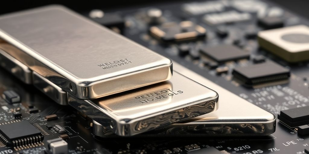 Lingots d'argent et composants électroniques sur fond sombre.