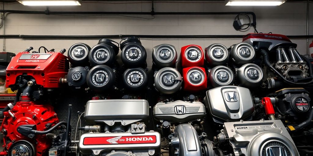Honda car parts neatly arranged.