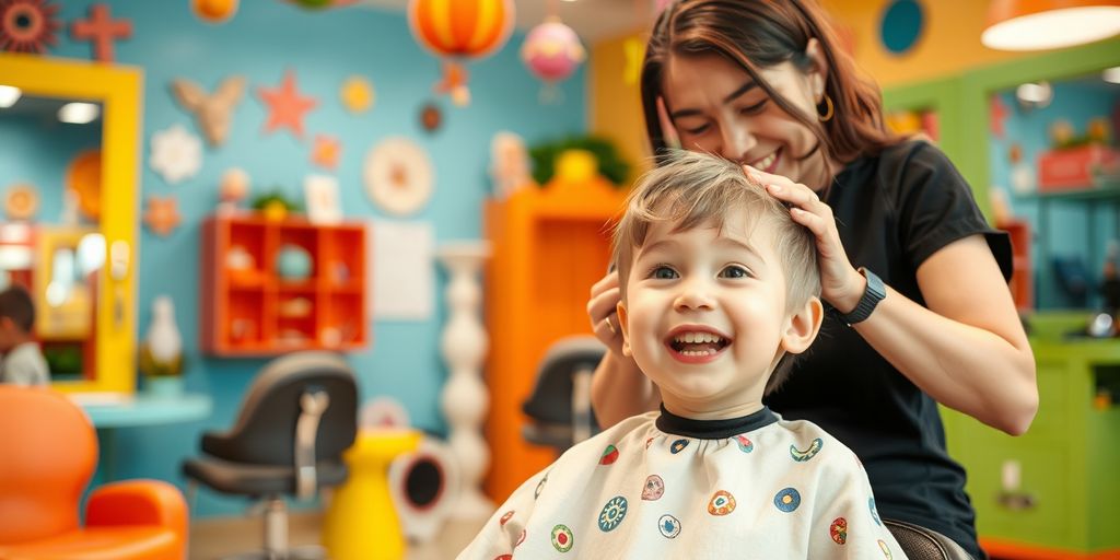 Child getting a haircut in a colorful salon.