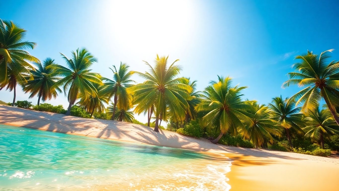 Sunlit beach with palm trees and ocean waves.
