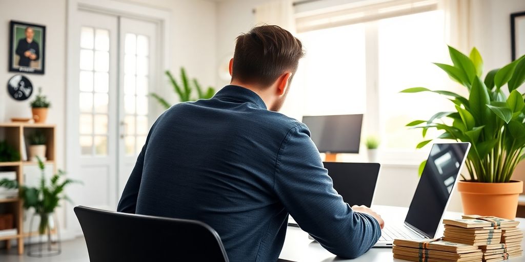 Person, laptop, money, plants, bright home office