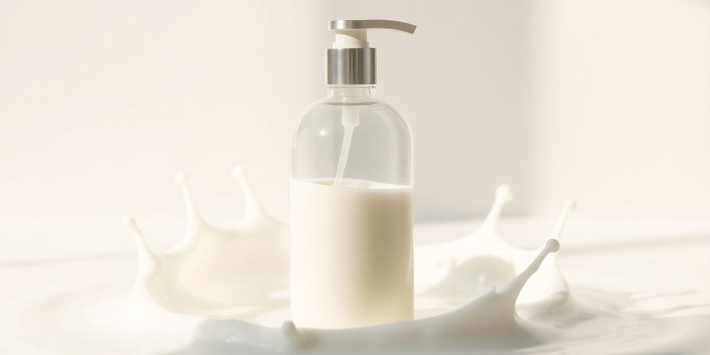 Creamy cleanser bottle with milk splashes