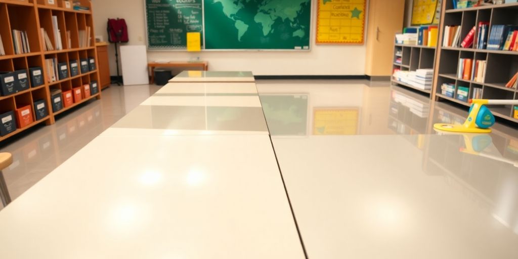 Spotlessly clean classroom with bright colors and organized desks.