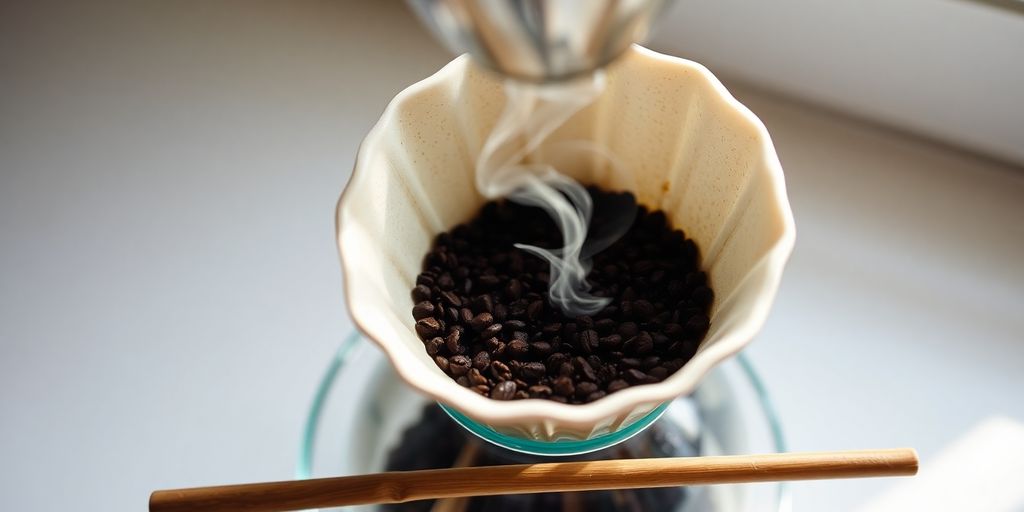 Ceramic V60 dripper, server, coffee, steam.