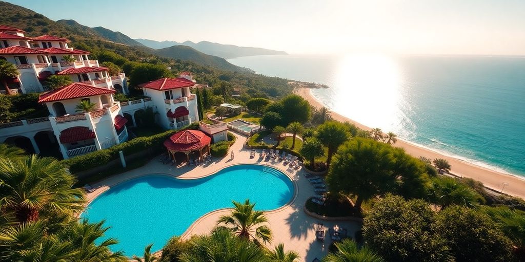 Afandou Bay Resort Suites mit Blick auf Meer und Natur.