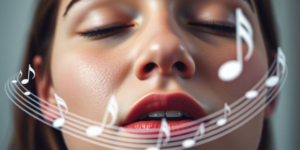 A person singing with musical notes floating around them.