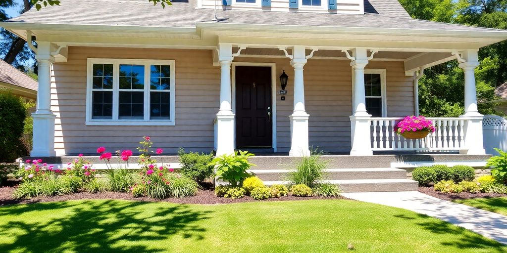 Vibrant house exterior with fresh paint and flowers.