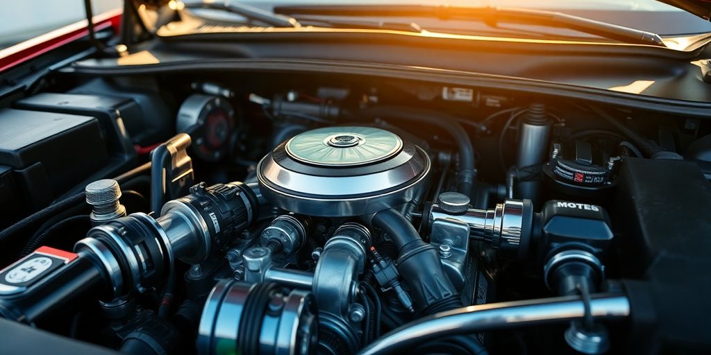 Car mechanic inspecting vehicle engine bay.
