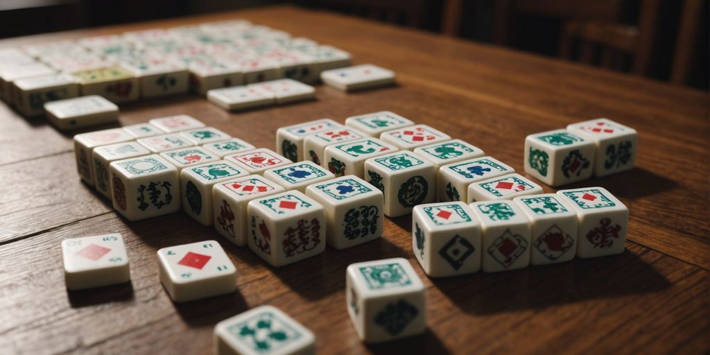 Mahjong tiles and jokers on a wooden table.
