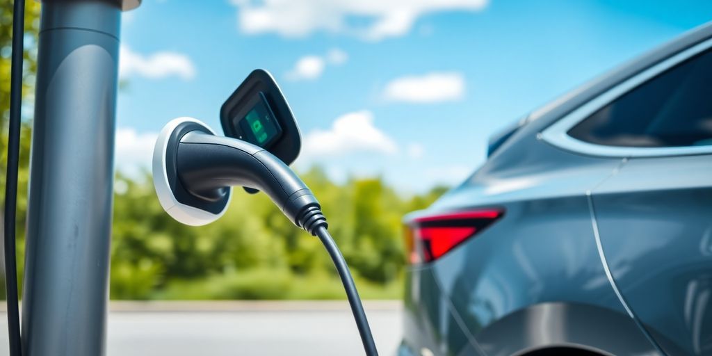 Electric vehicle charging station with a car connected.
