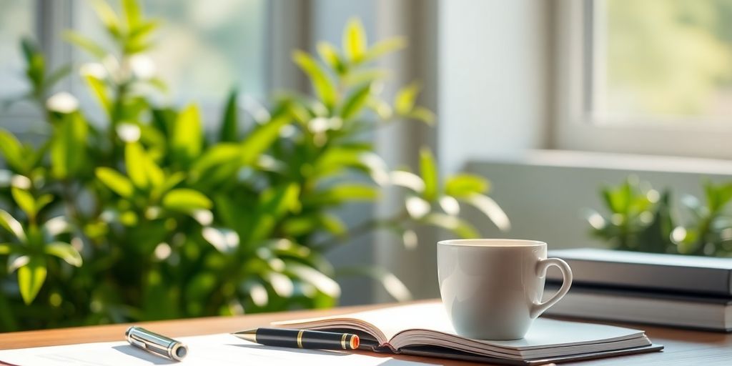 Ambiente financeiro tranquilo com uma mesa e plantas.