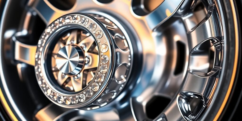 Close-up of crystal and aluminum tire caps.