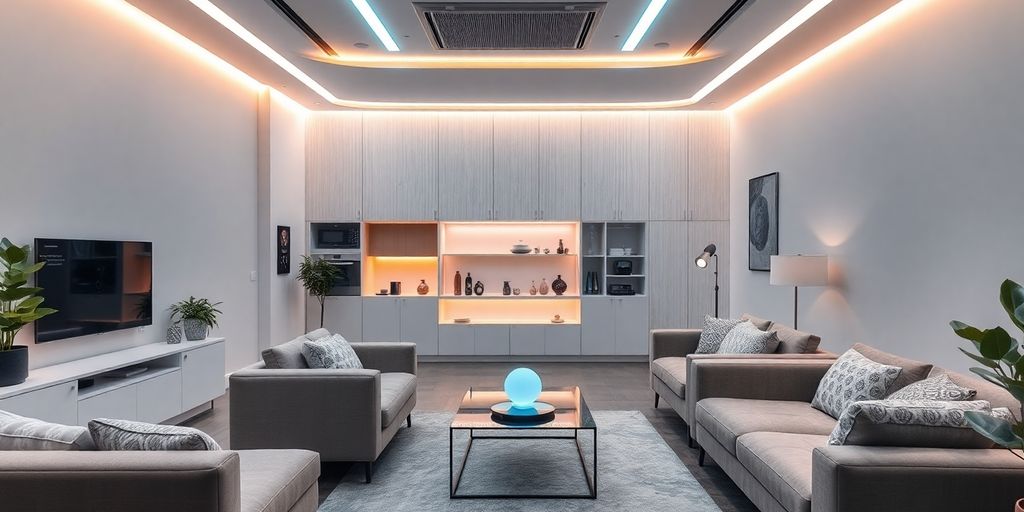 Futuristic smart home with advanced AI technology and design.