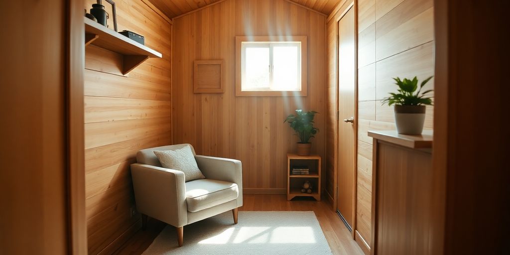 Tiny house, natural light, minimalist interior, warm colors