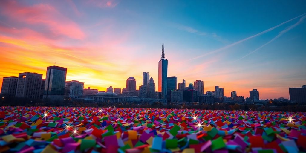 Festive Dallas skyline at sunset with confetti.