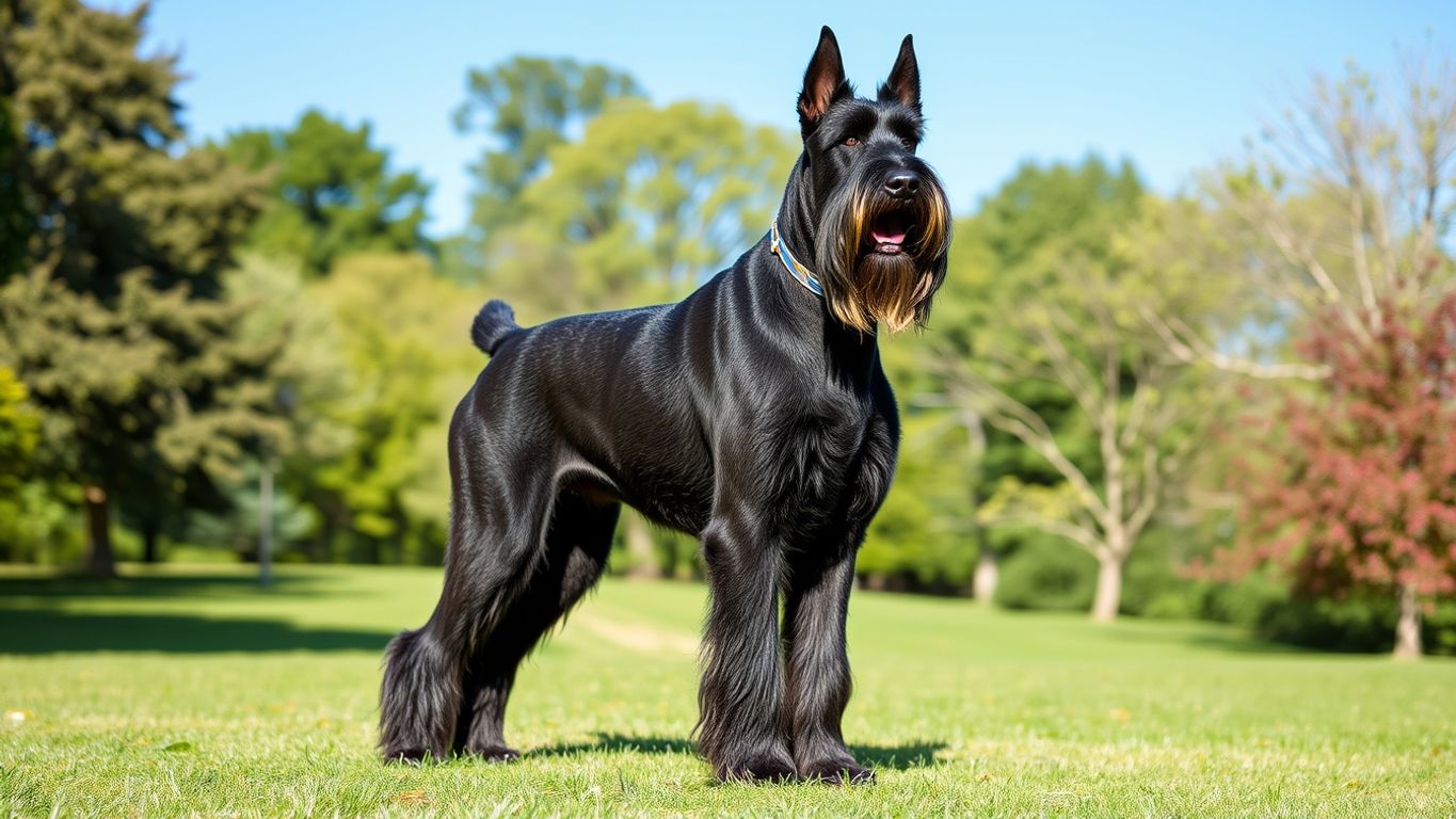 Majestic Giant Schnauzer in a green park.