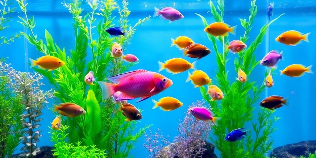 Peces coloridos y plantas en un acuario claro.
