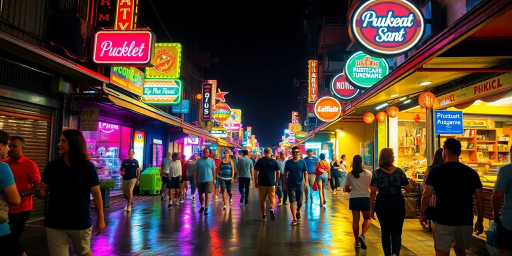 Colorful street scene at night with many people.