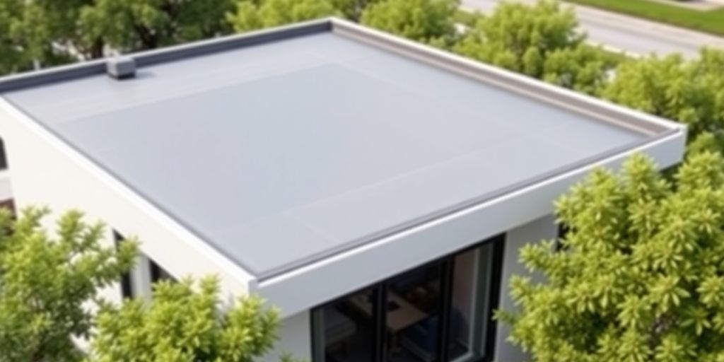 Modern plat dak met strakke lijnen en groen.