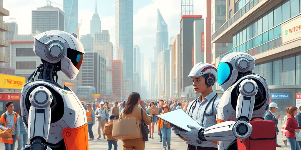 Futuristic city with humans and robots collaborating together.