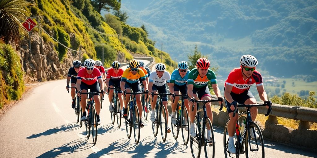 Cyclists racing on a scenic road, diverse group.