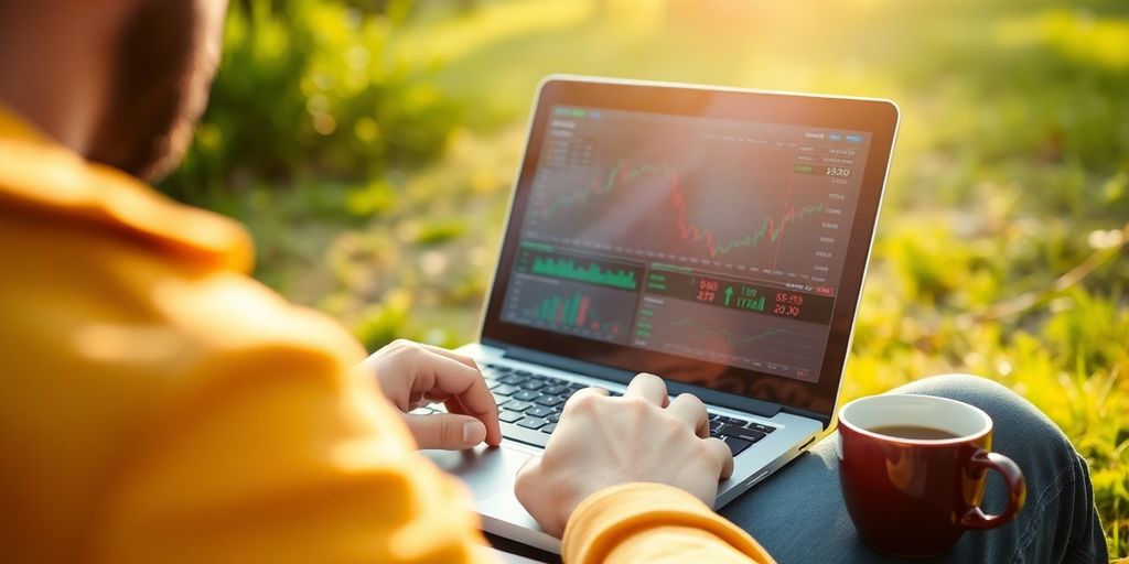 Person using laptop outdoors for financial analysis.