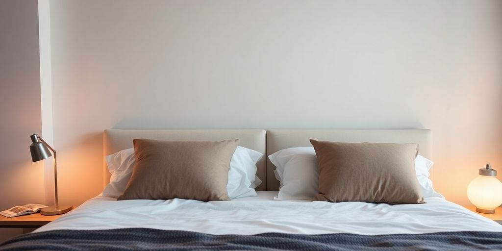 Cozy bedroom with soft pillows and ambient lighting.