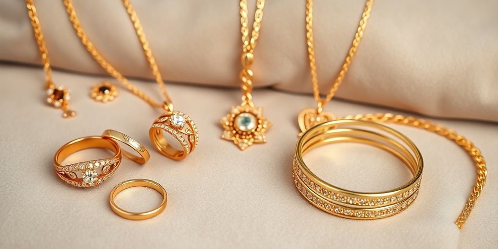 Collection de bijoux en or sur fond en velours.