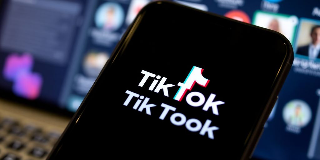 Smartfon z logo TikTok na tle przestrzeni roboczej.