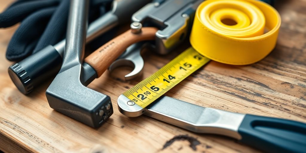 Rugged tools, work gloves, and a hard hat.