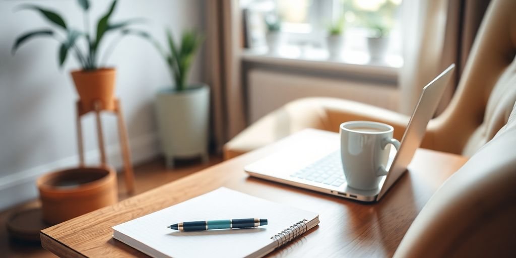 Freelancing workspace with laptop, coffee, and notepad.