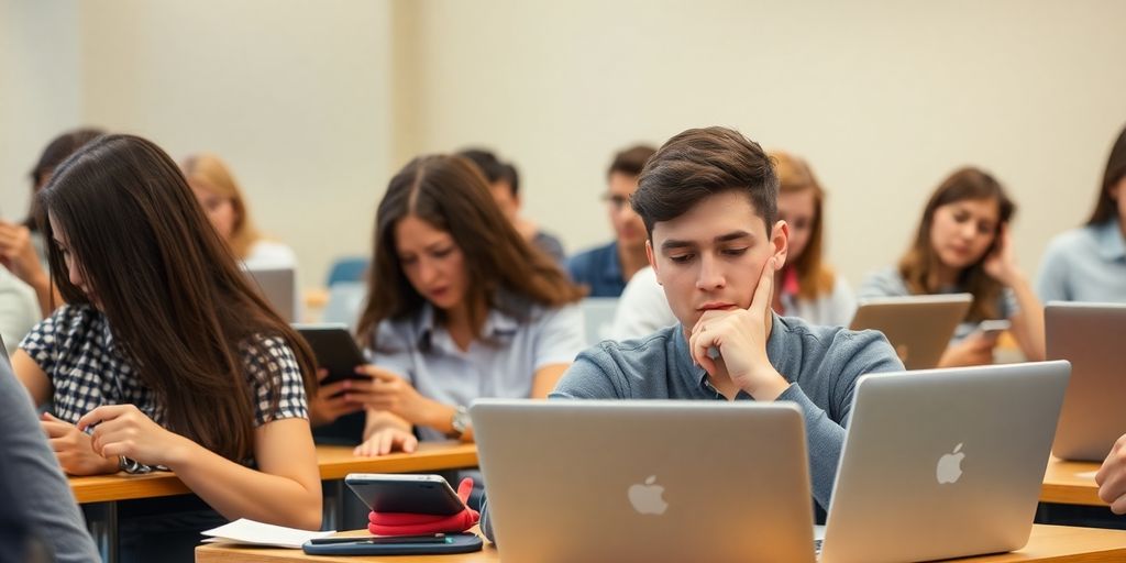 Students distracted by devices in a classroom setting.