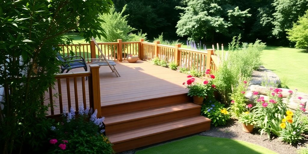   Deck de madeira rodeado por plantas e flores coloridas.