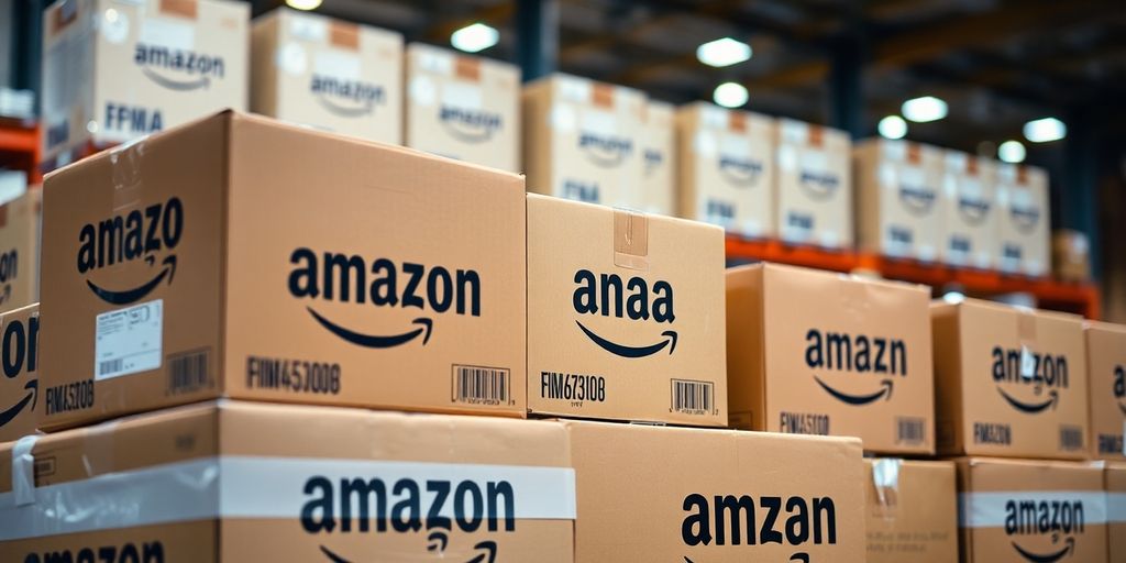 Amazon FBA boxes stacked high.