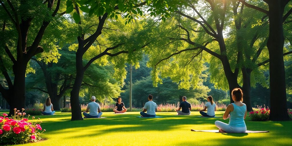People meditating in a peaceful park environment.