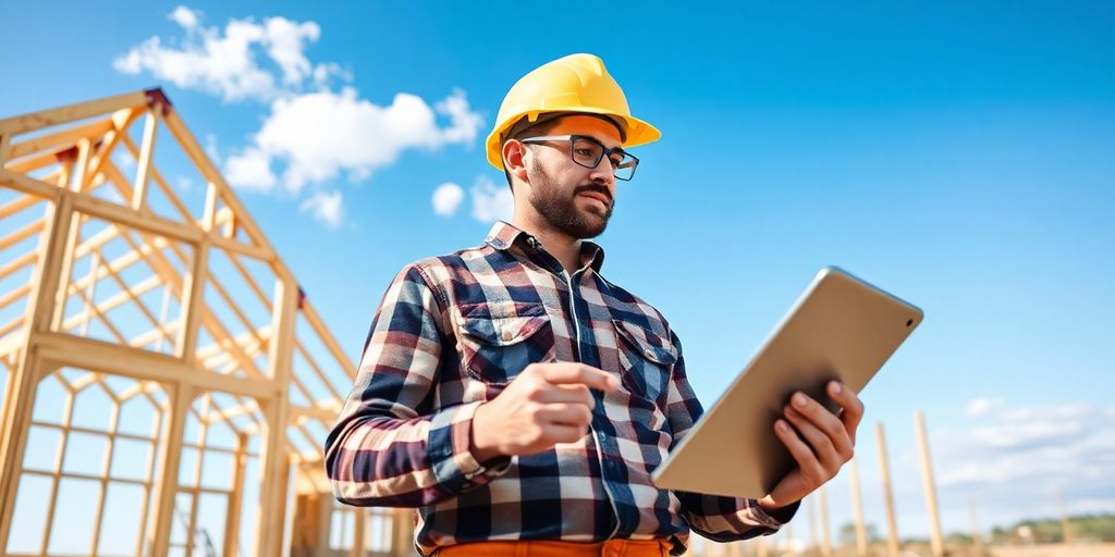 A contractor on a construction site looking at a tablet.