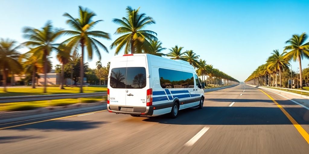 Non-emergency medical transport van, Florida highway, sunny.