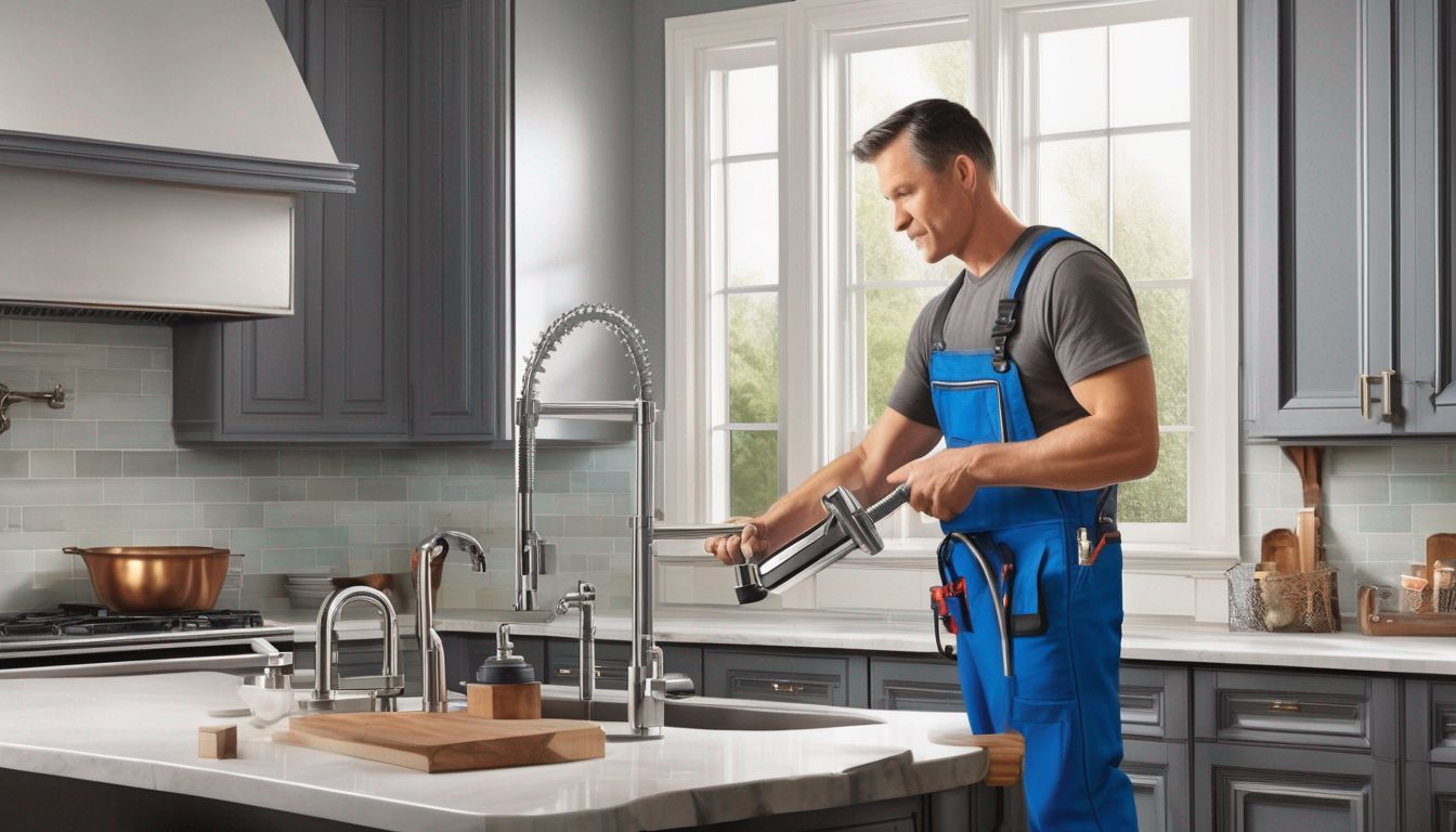 plumber inspecting and cleaning faucet components in a kitchen