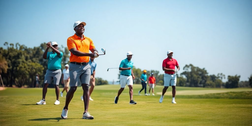 Black golfers playing together on a sunny golf course.