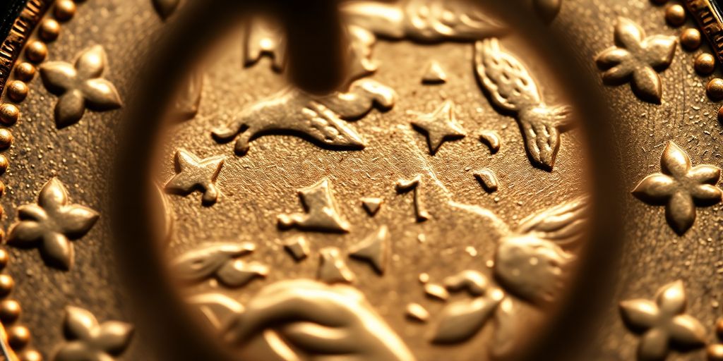 Close-up of coin under microscope.