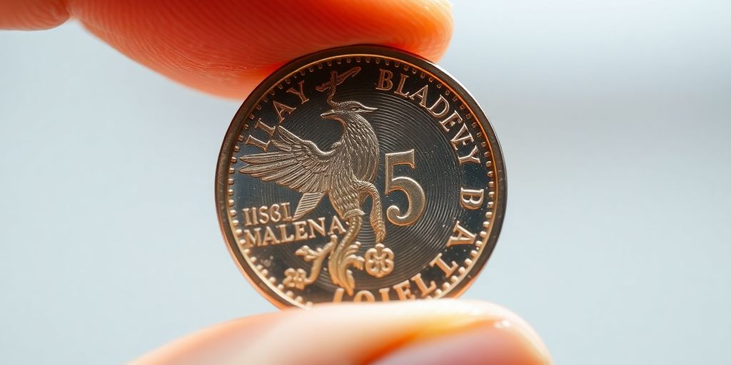 Une main tenant une pièce d'argent brillante.