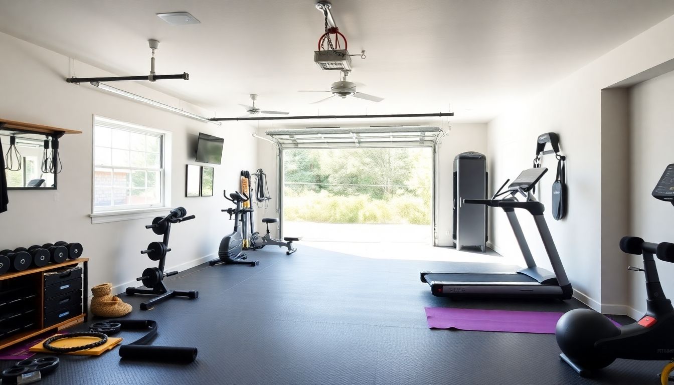Home gym setup in a refurbished garage with equipment.