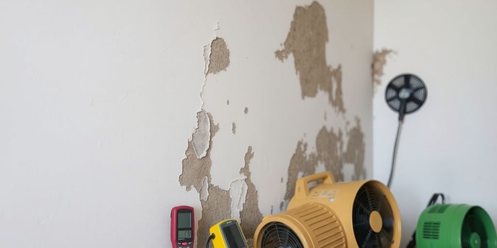 Water-damaged wall with restoration tools in background.