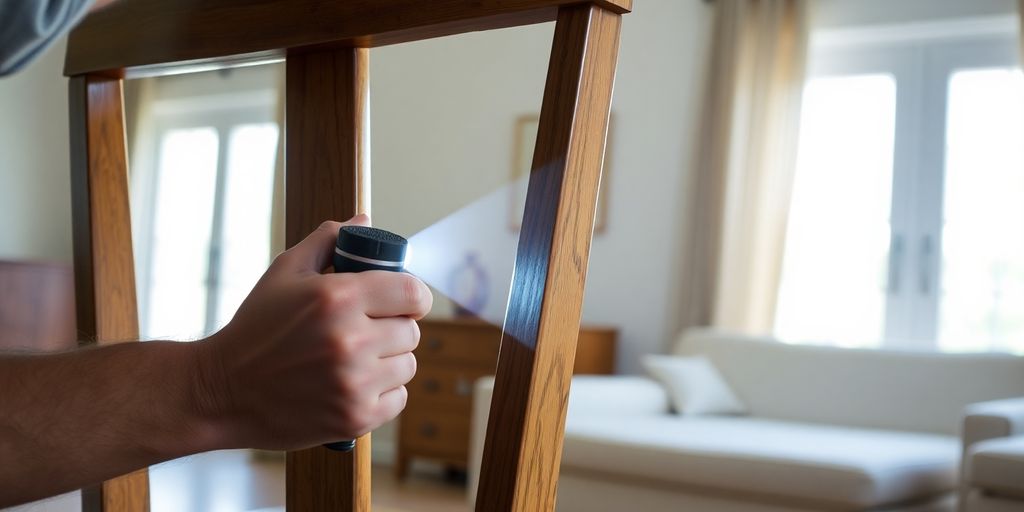 Person inspecting second-hand furniture for bed bugs.
