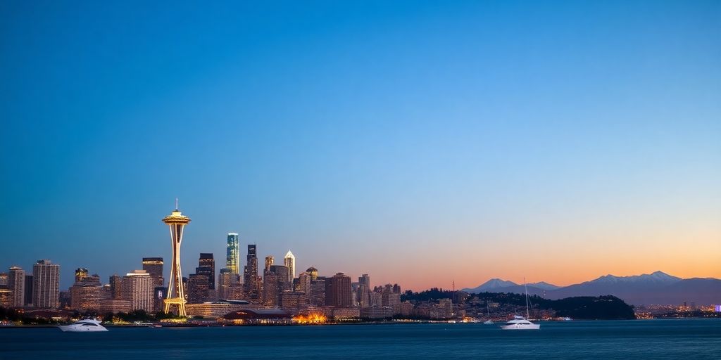Seattle skyline at dusk, sparkling city lights.